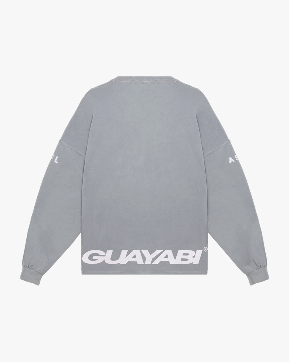 Sudadera sin capucha de guayabi olor azul claro, con logo de guayabi en grande abajo en la espalda